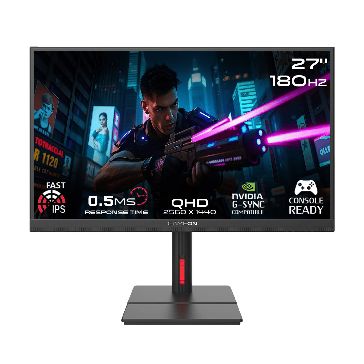 شاشة الألعاب جيم أون GOML27QHD180IPS سلسلة ميدنايت سيجنتشر، بحجم 27 بوصة، وبدقة  QHD، ومعدل تحديث 180 هرتز، وزمن استجابة 0.5 مللي ثانية، ومنفذ HDMI 2.1، لوحة Fast IPS بتقنية ميني ليد تدعم جهاز PS5 |أسود