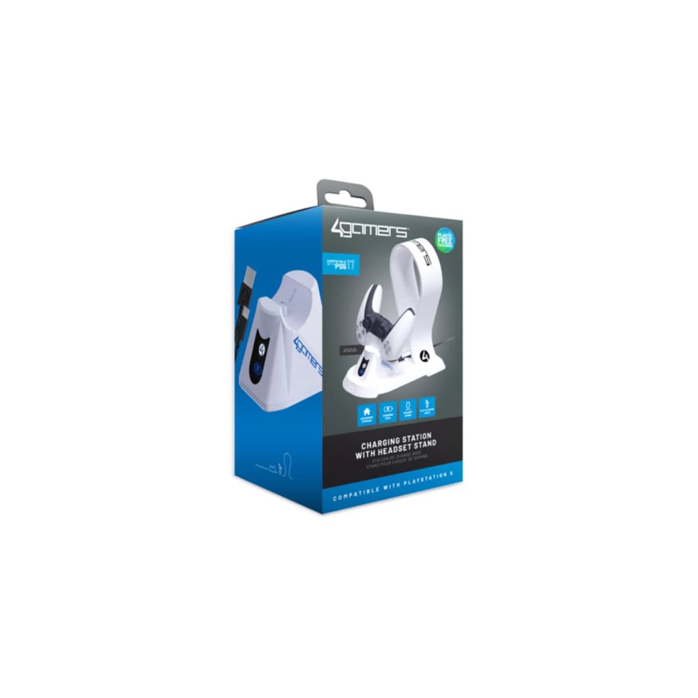 4Gamers All-in-One Charging Station | PS5 Charging Dock & Headset Stand | Dual Controller Charging | White
