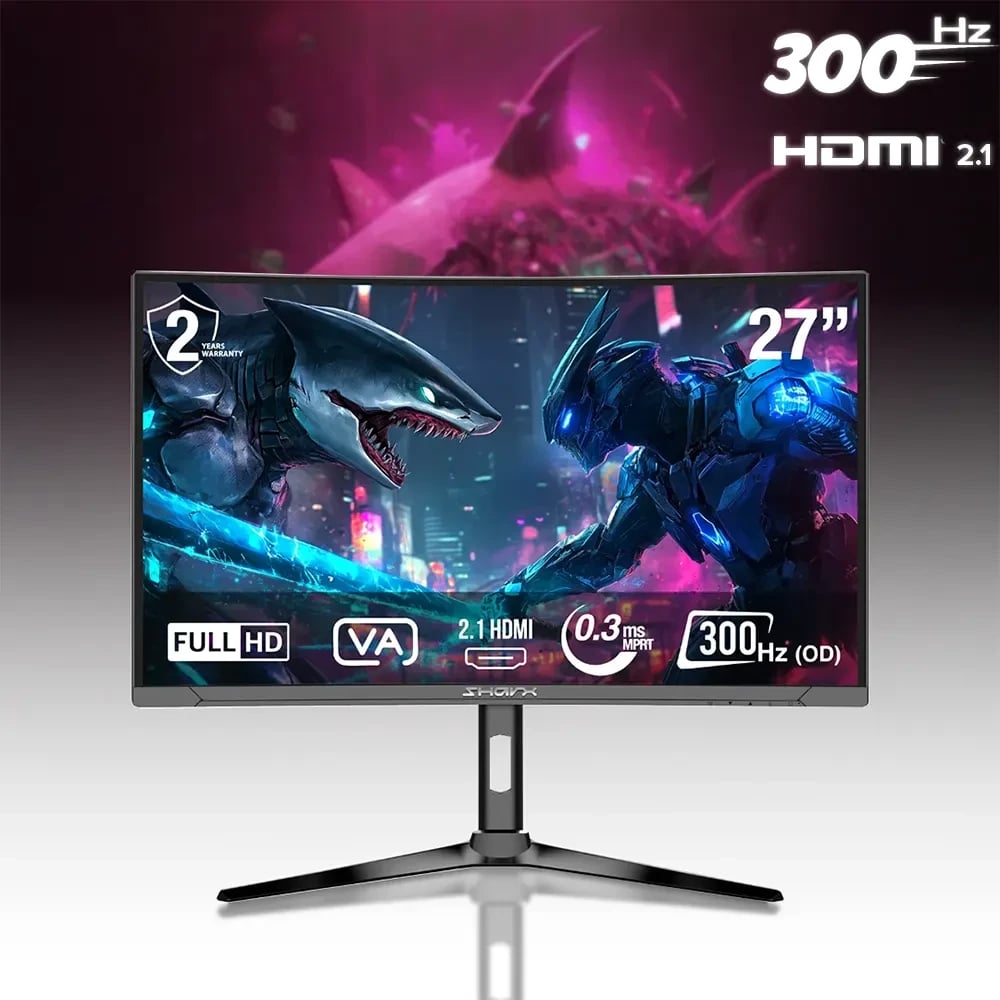 Sharx 27 Inch 300Hz Curved VA IPS FHD 0.3ms Response Time HDMI 2.1 G-Sync Compatible Gaming Monitor Black