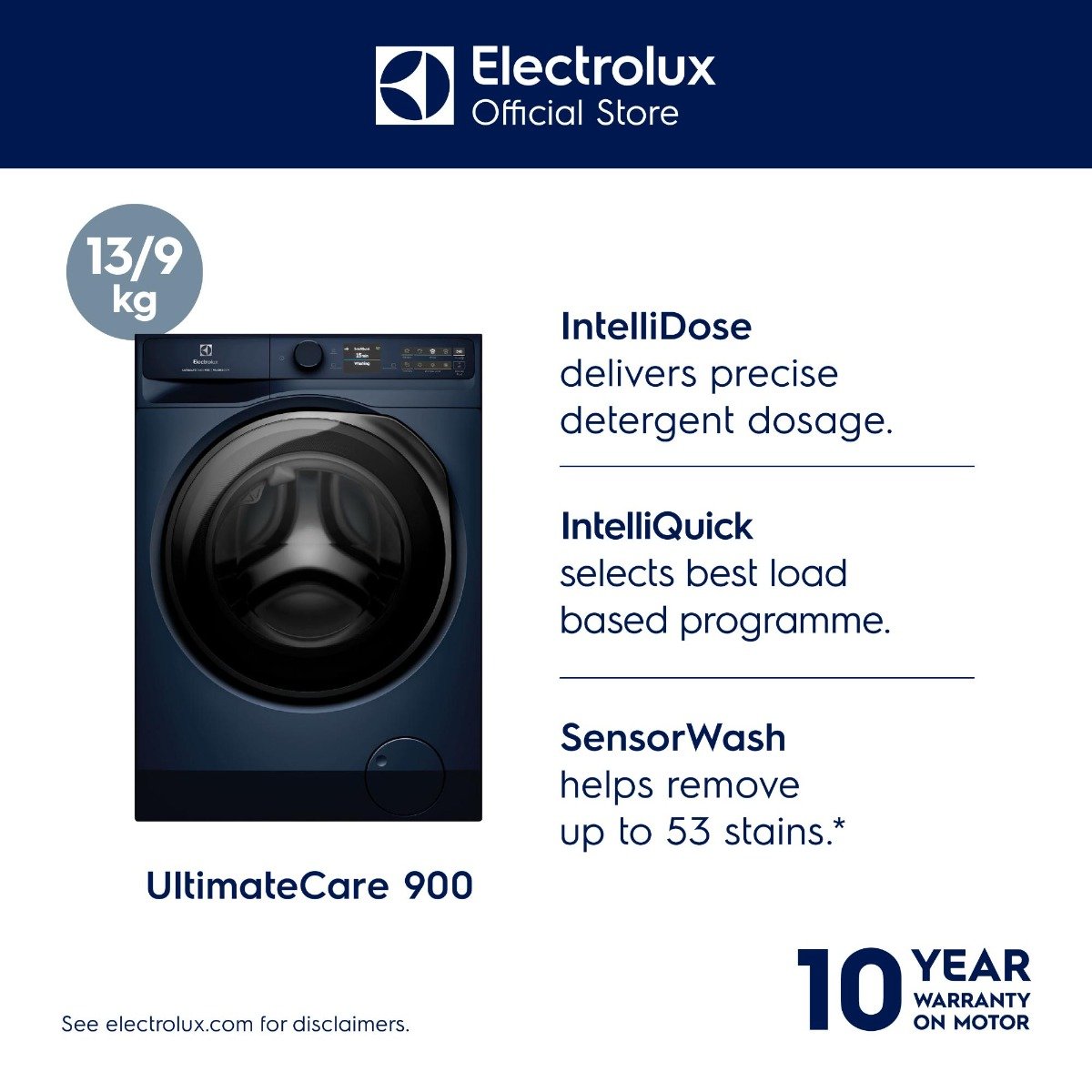 غسالة ومجفف إلكترولوكس UltimateCare 900 سعة 13/9 كجم | سرعة 1400 دورة/دقيقة | IntelliDose | SensorWash | EcoInverter | Wi-Fi | أزرق داكن | EWW1342R9MC