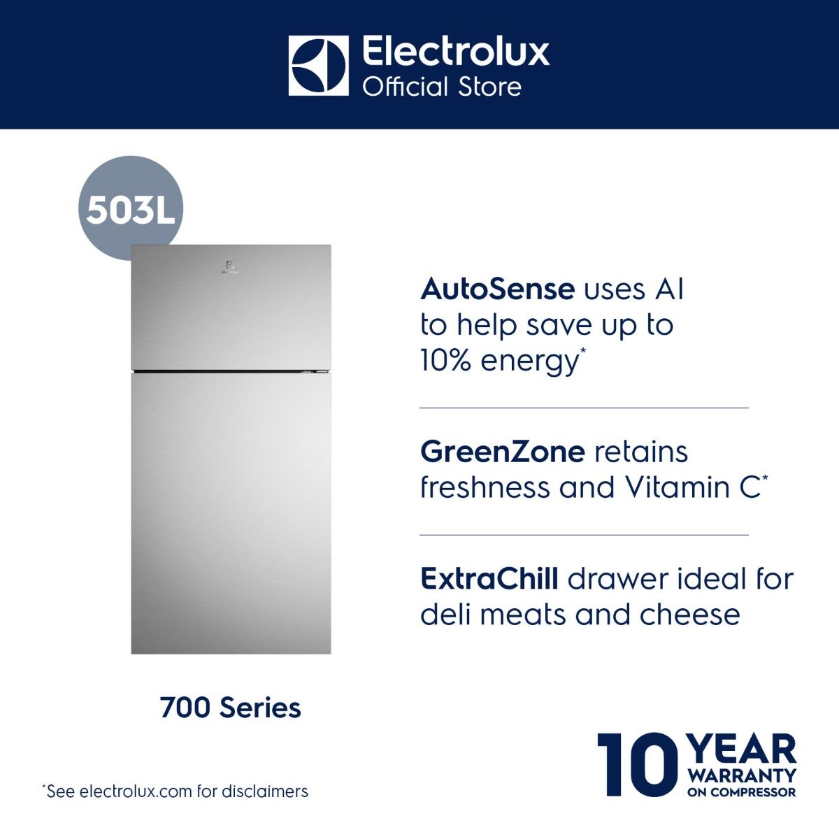 Electrolux 700 Series 503L Top Freezer Refrigerator | Inverter Compressor | Cooling360 | AI AutoSense | Silver | ETM5002C-S