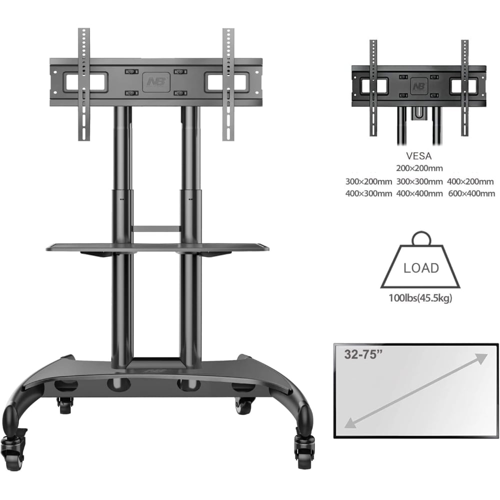 North Bayou Mobile TV Cart Rooling TV Stand with Wheels for 32 to 75 Inch TV Screen Black