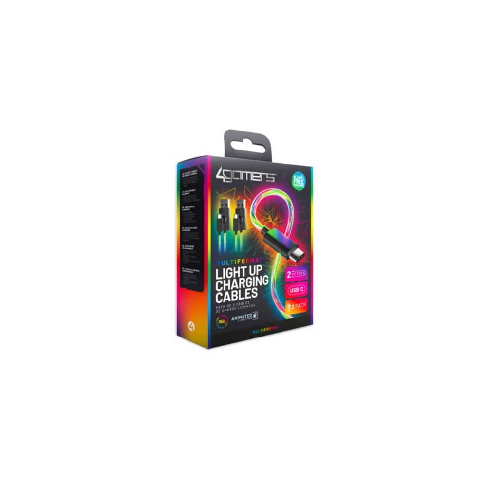 4Gamers Light Up Charging Cables Multi format Pack Of 2 2M Black