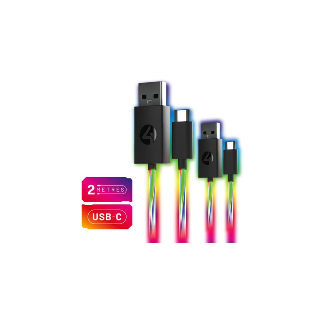 4Gamers Light Up Charging Cables Multi format Pack Of 2 2M Black