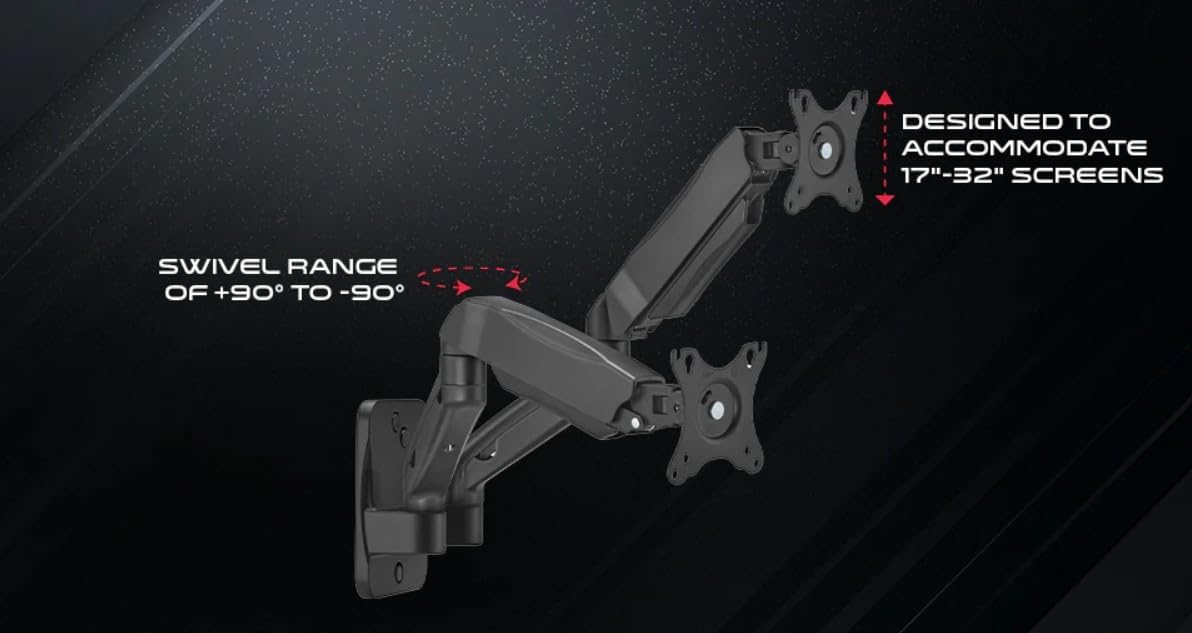 Gameon Fits 17-32 inch Economy Spring-Assisted Wall Mount Dual Monitor Arm for Gaming And Office Use| Black