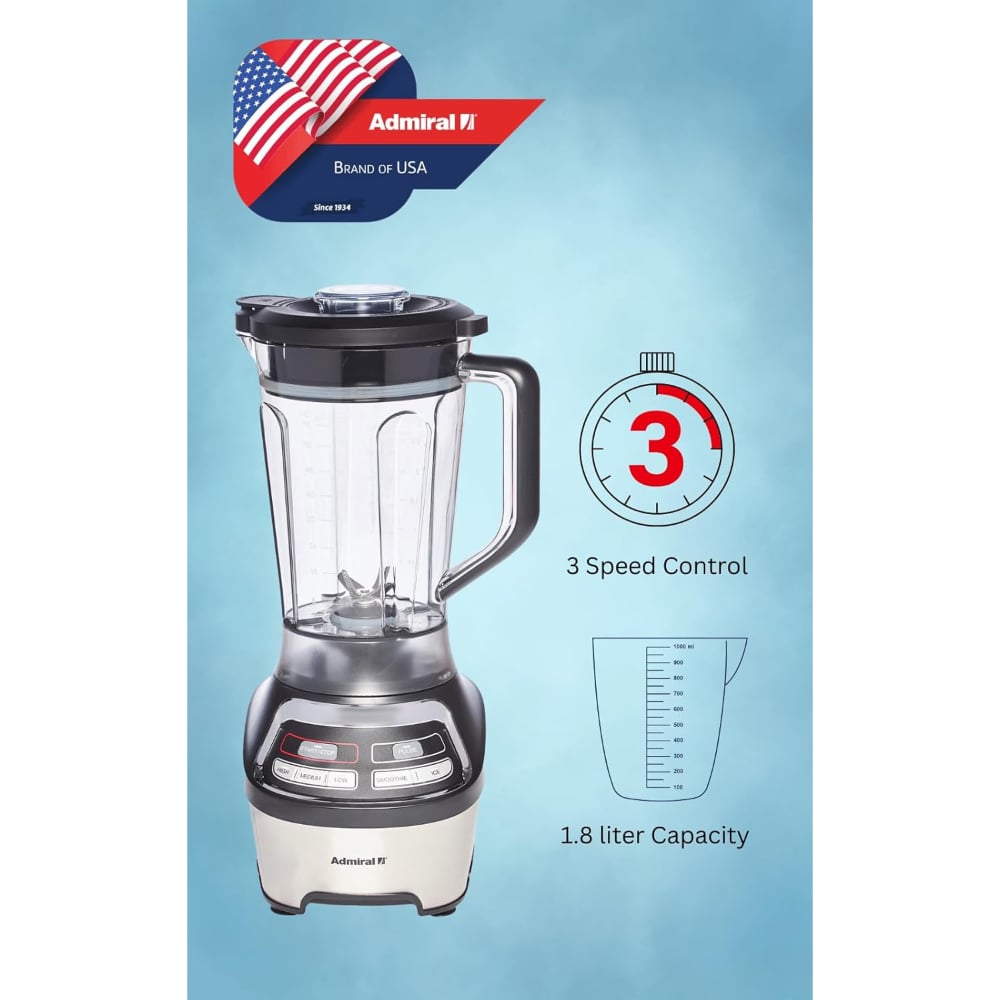 Admiral Blender | 1500W | 3 Speed Control | 1.8L Jar | Black/Silver | ADBL1815SS