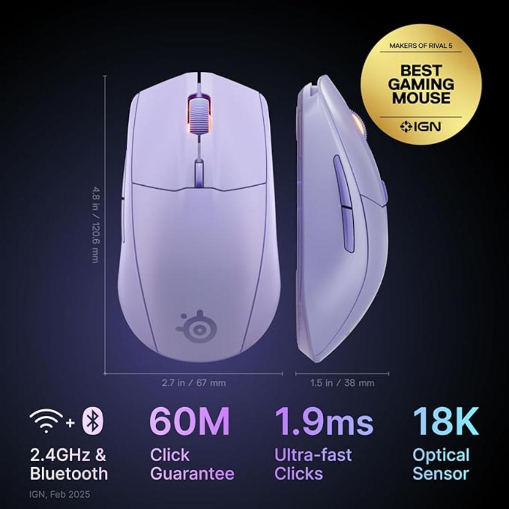 ستيل سيريز ماوس Rival 3 Wireless الجيل الثاني | 2.4GHz/بلوتوث | Lavender | SS-62525