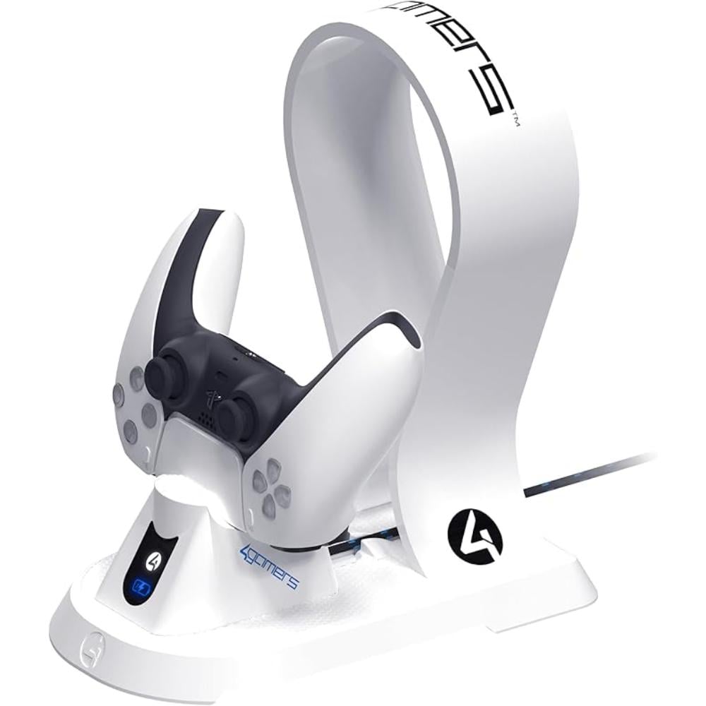 4Gamers All-in-One Charging Station | PS5 Charging Dock & Headset Stand | Dual Controller Charging | White