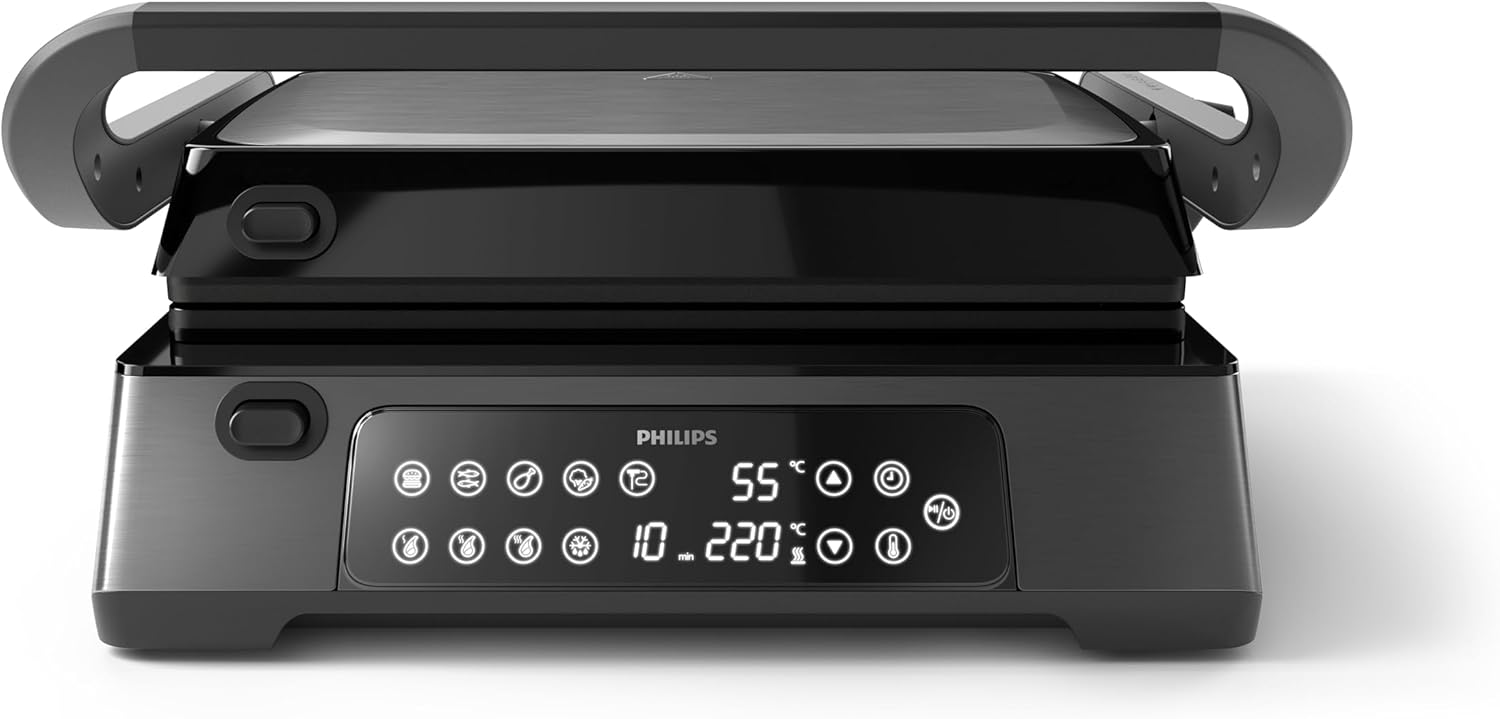 Philips Contact Grill 7000 Series - 2200W, Open 180° Flat Grilling, Temperature Probe, Precision Digital Control, Timer, Adjustable Height, Removable Plates, High Power, Handle Lock - HD6307/70