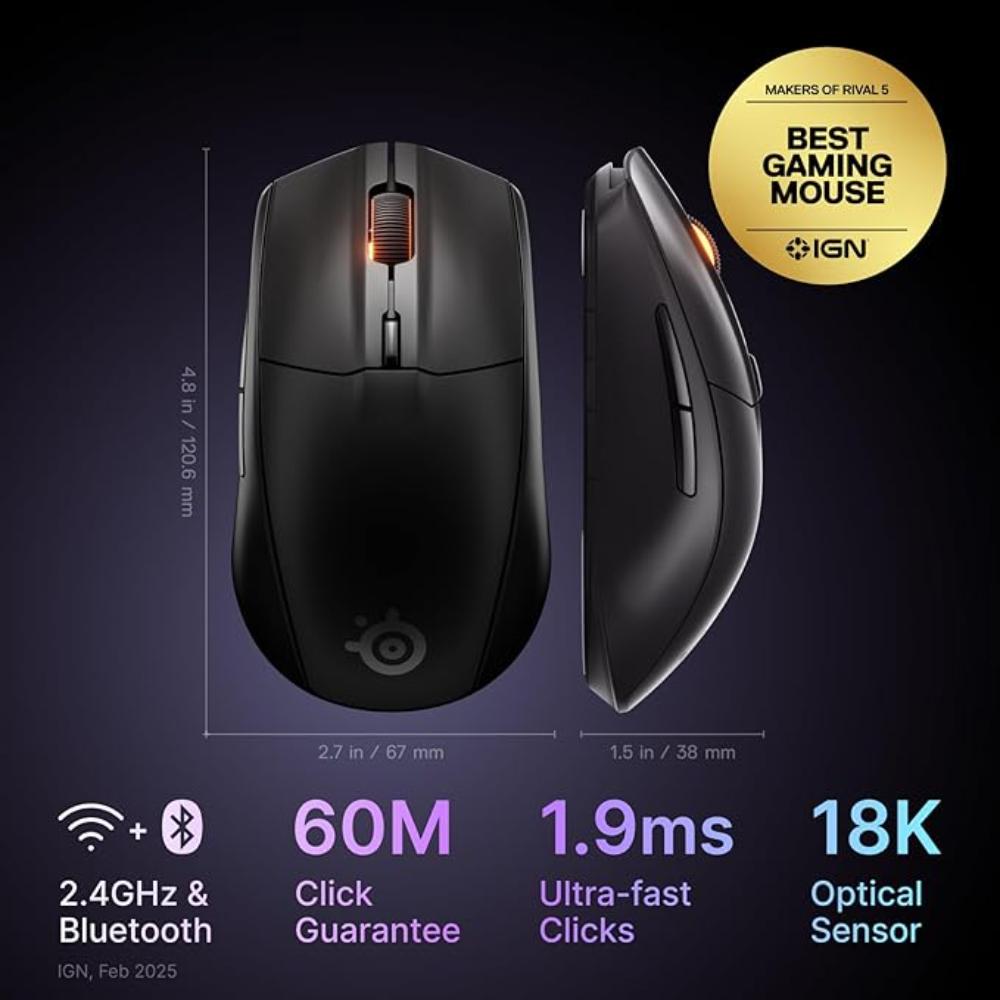 ستيل سيريز ماوس Rival 3 Wireless الجيل الثاني | 2.4GHz/بلوتوث | أسود | SS-62523