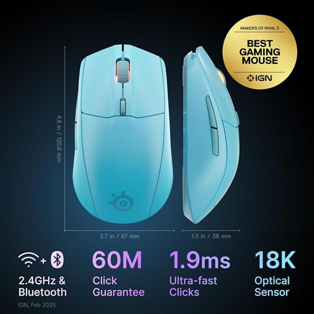 ستيل سيريز ماوس Rival 3 Wireless الجيل الثاني | 2.4GHz/بلوتوث | Aqua | SS-62526