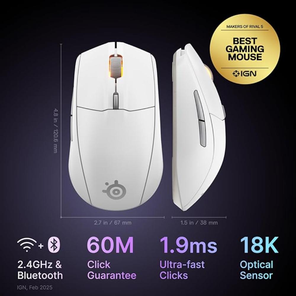 SteelSeries Rival 3 Wireless Gen 2 Gaming Mouse | 2.4GHz/Bluetooth | White | SS-62524