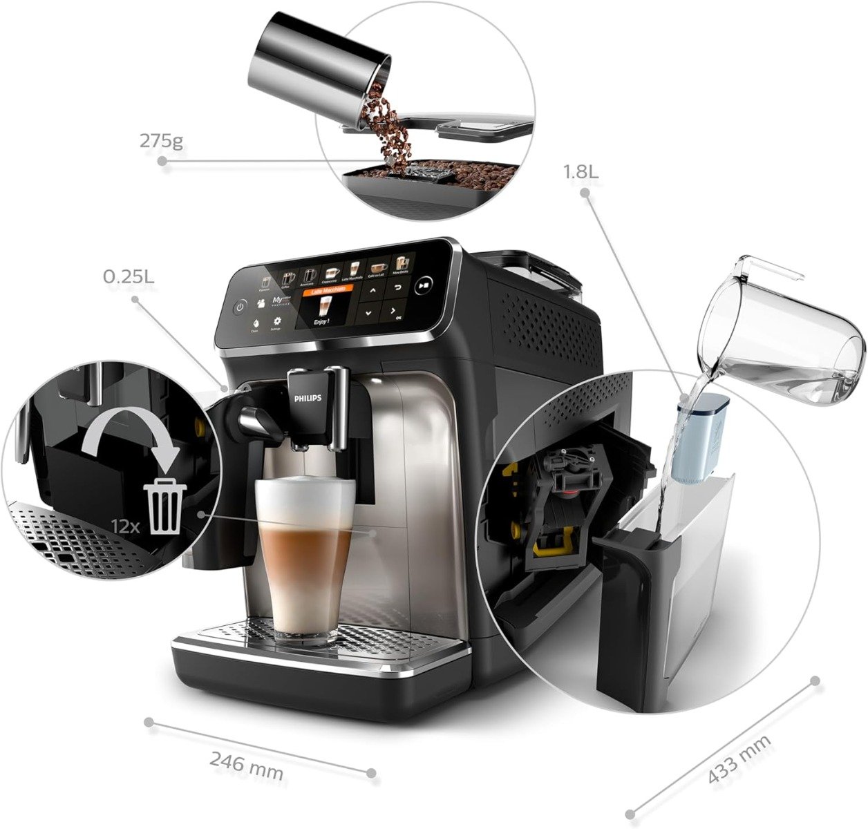 Philips Fully Automatic Espresso Machine Series 5500-20 Beverages, LatteGo, Extra Shot, Silent Brew, Intuitive Display, 4 User Profiles, 12 Settings for Ceramic Grinder, Chrome - EP5547/23