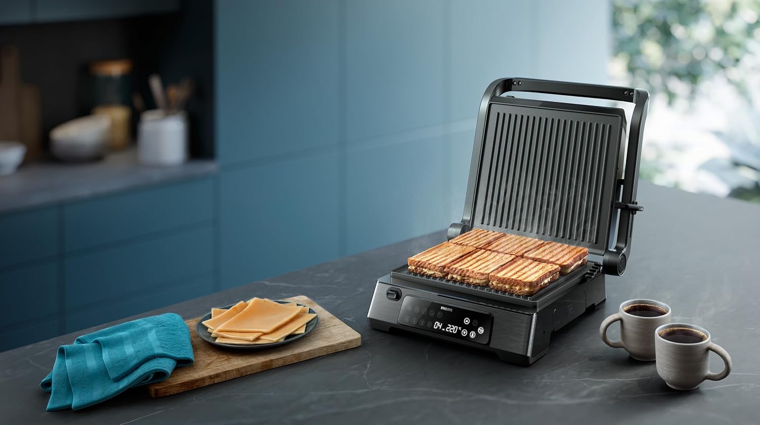 Philips Contact Grill 7000 Series - 2200W, Open 180° Flat Grilling, Temperature Probe, Precision Digital Control, Timer, Adjustable Height, Removable Plates, High Power, Handle Lock - HD6307/70