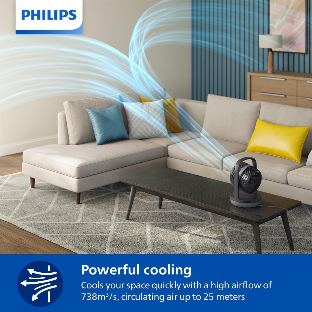 Philips Table Fan 3000 Series - Fan Airflow 738 m³/h, 22cm Head Diameter, 180° Tiltable & Oscillating, 3 Speeds, Sleep Mode, Compact, Black - CX3050/01