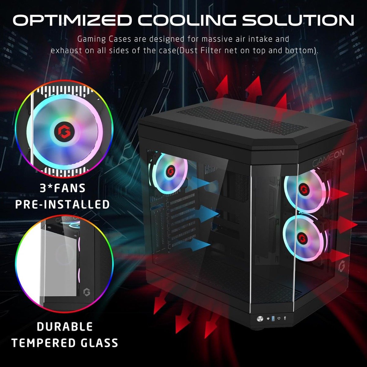 Gameon Vortex Arctic Series 3-Fan Mid Tower ARGB+PWM| Lighting Gaming Case| Black