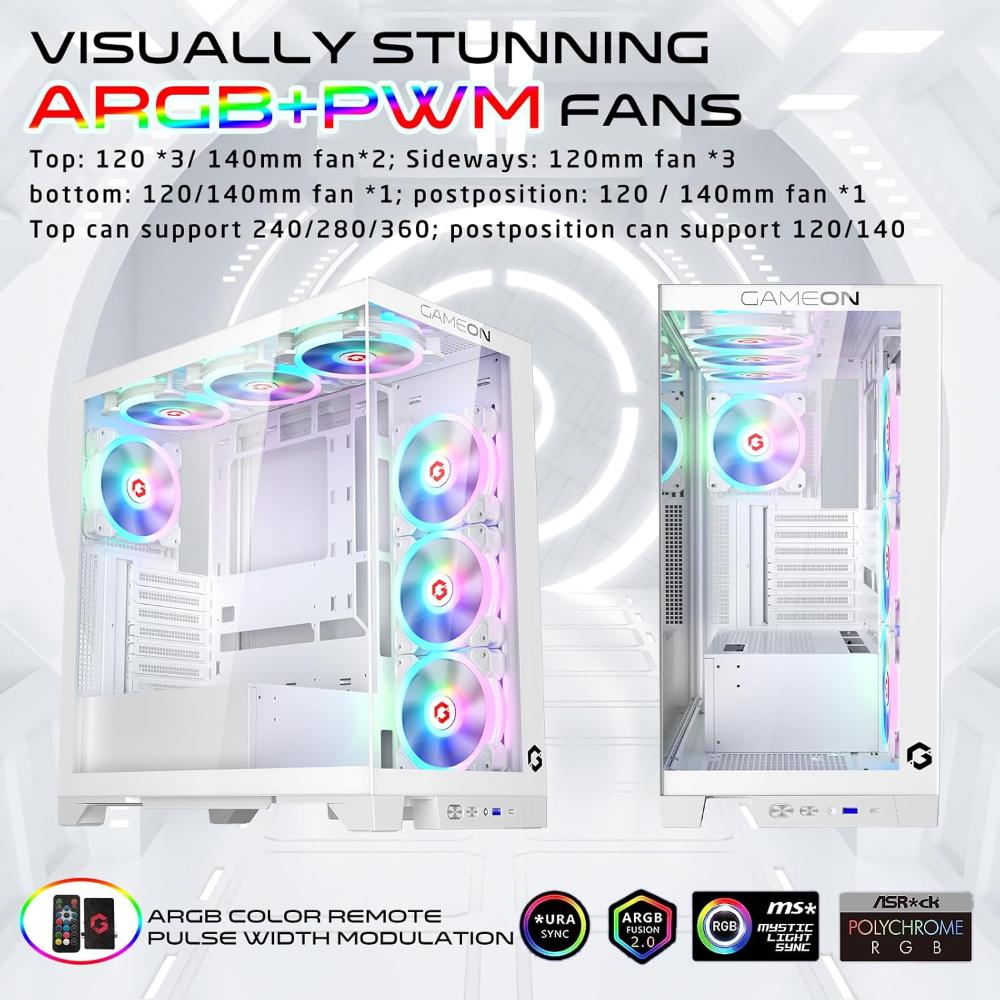 Gameon Emperor Arctic IV Series 10-Fans Mid Tower ARGB+PWM| Lighting Gaming Case| White