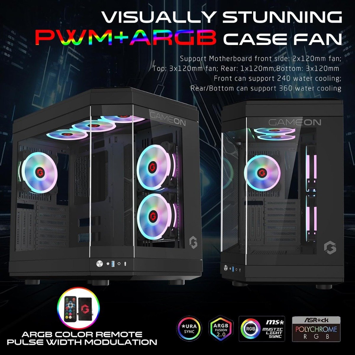 Gameon Vortex Arctic Series 3-Fan Mid Tower ARGB+PWM| Lighting Gaming Case| Black