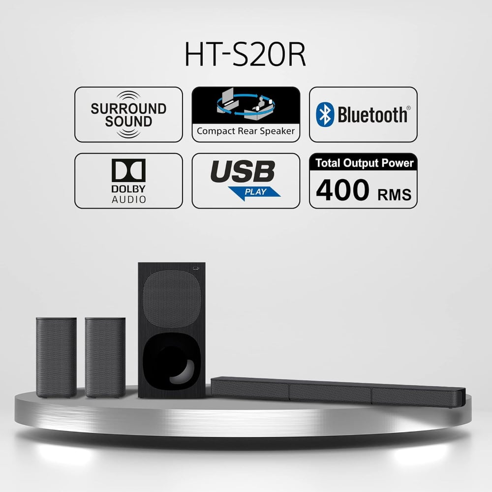 Sony HT-S20R 400W 5.1 Channel Bluetooth and USB Connectivity Dolby Digital Soundbar with Subwoofer and Compact Rear Speakers Black