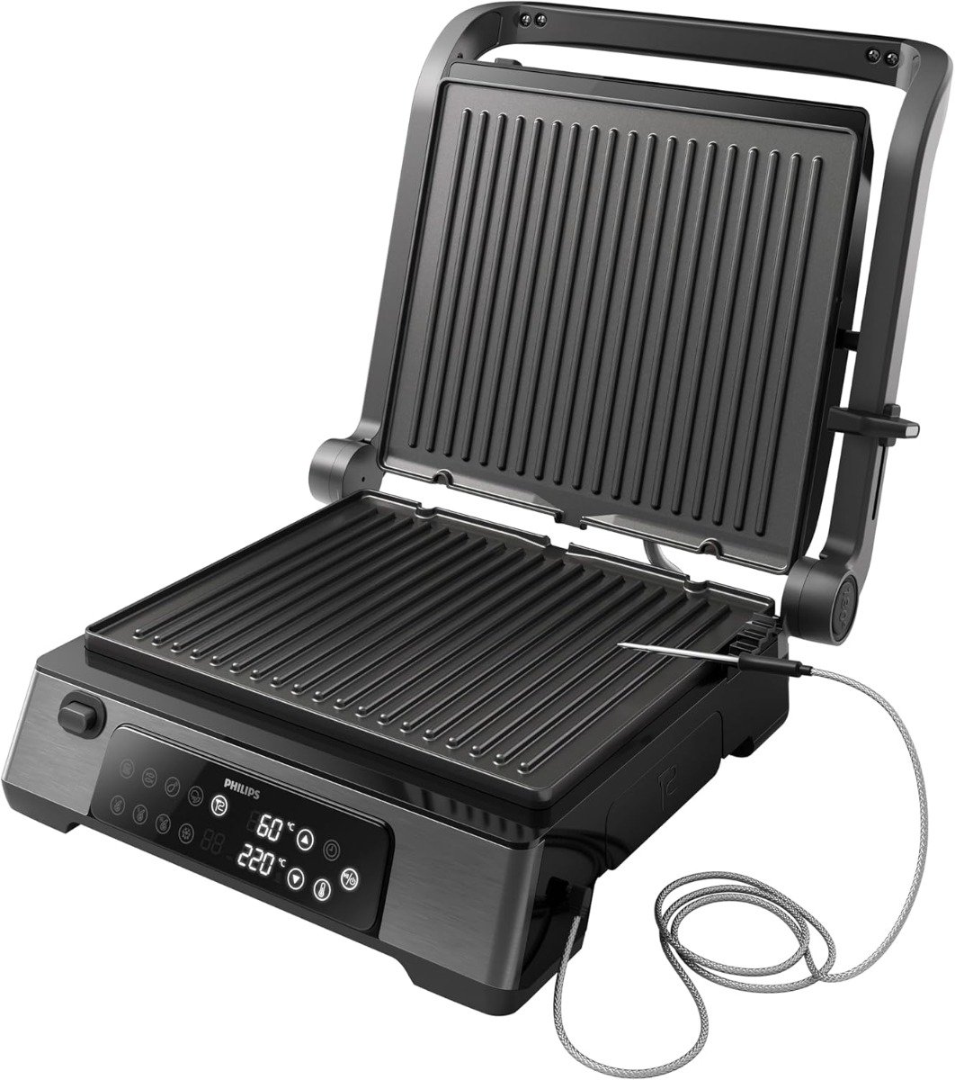Philips Contact Grill 7000 Series - 2200W, Open 180° Flat Grilling, Temperature Probe, Precision Digital Control, Timer, Adjustable Height, Removable Plates, High Power, Handle Lock - HD6307/70