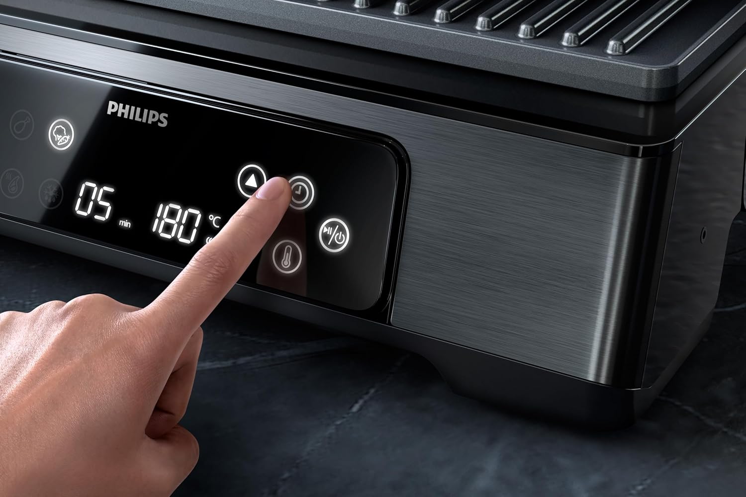Philips Contact Grill 7000 Series - 2200W, Open 180° Flat Grilling, Temperature Probe, Precision Digital Control, Timer, Adjustable Height, Removable Plates, High Power, Handle Lock - HD6307/70