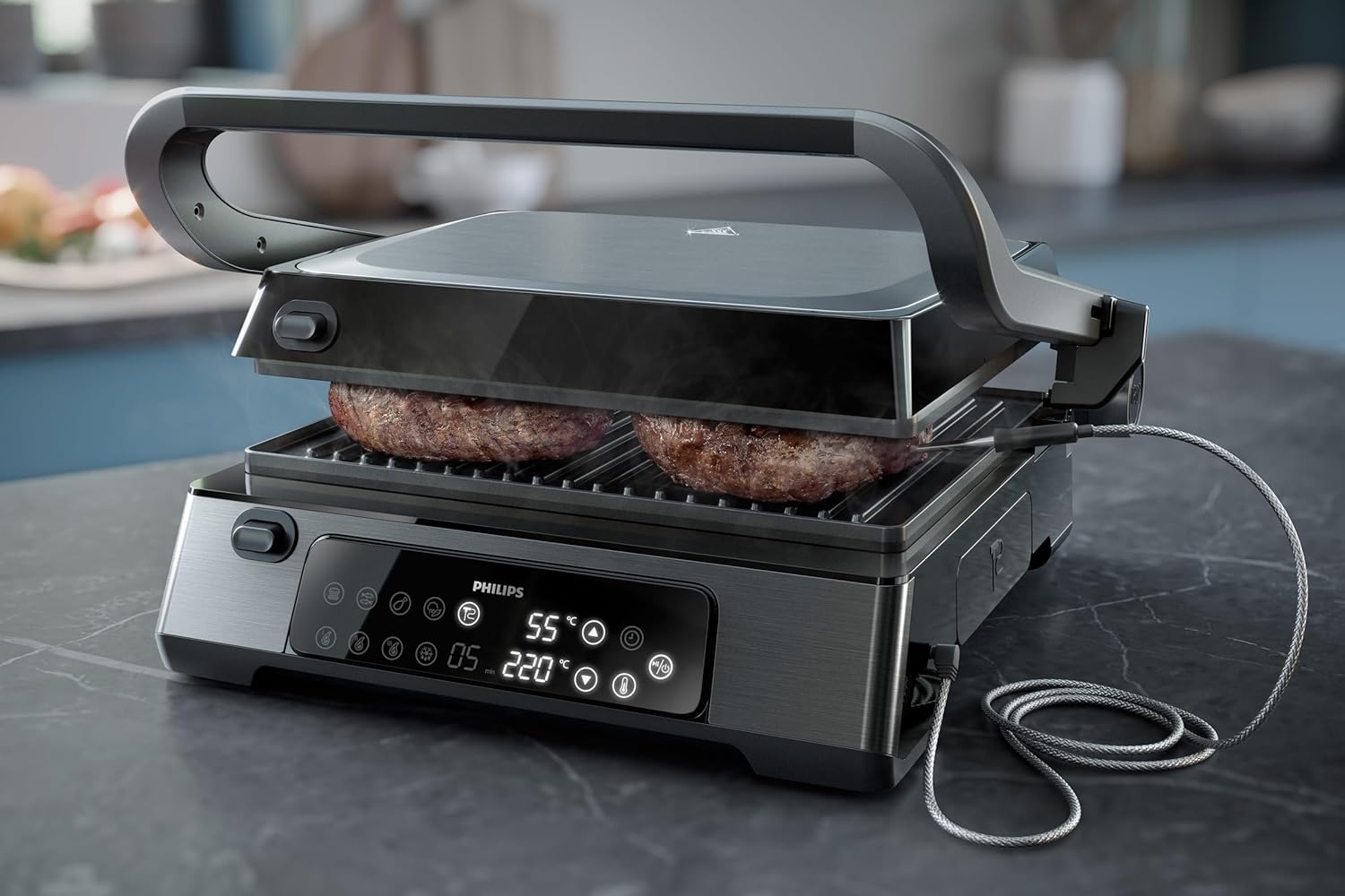 Philips Contact Grill 7000 Series - 2200W, Open 180° Flat Grilling, Temperature Probe, Precision Digital Control, Timer, Adjustable Height, Removable Plates, High Power, Handle Lock - HD6307/70