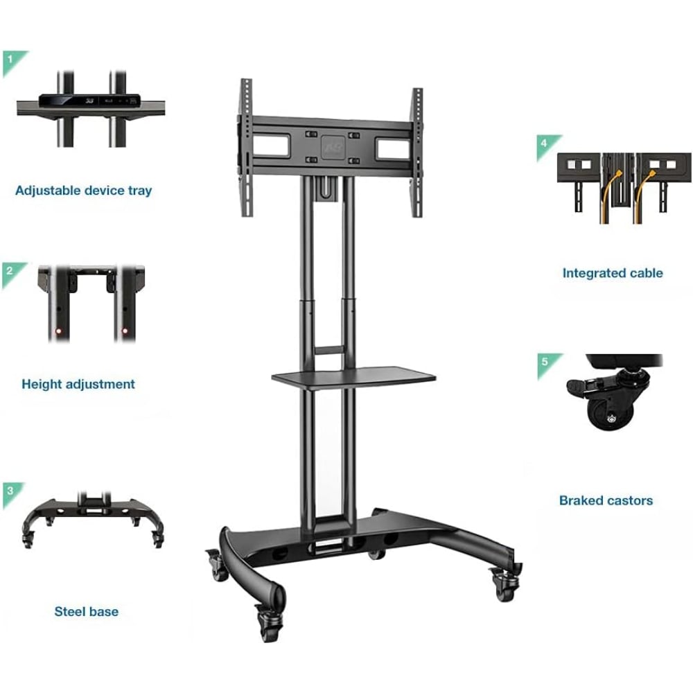 North Bayou Mobile TV Cart Rooling TV Stand with Wheels for 32 to 75 Inch TV Screen Black