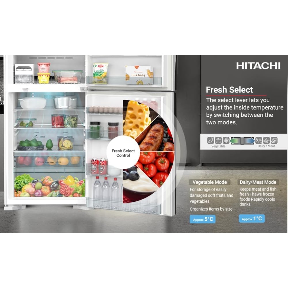 Hitachi Top Mount Double Door Refrigerator | 19.4 Cu.Ft (549L) | Inverter Control | R-V725PS7K-1PWH | White