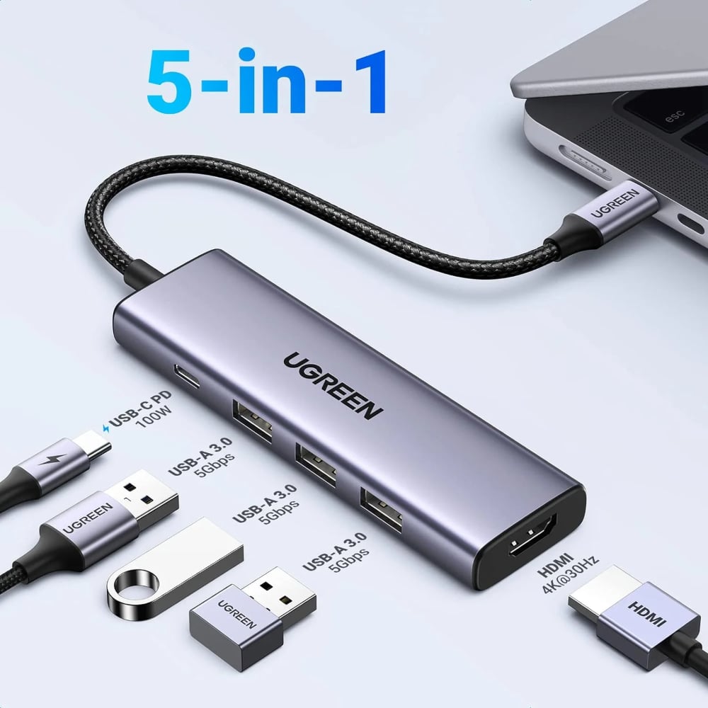 UGREEN 5-in-1 USB-C 3.1 Hub with HDMI | Supports 4K at 30Hz | Grey | UG-CM511-15596