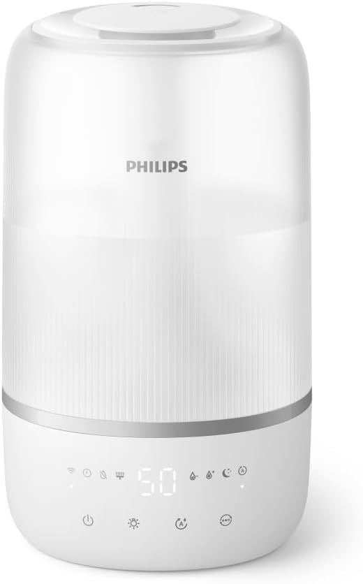 Philips Humidifier, Compact yet Powerful, 3L, Top Fill, Extra High Visible Mist, 250 ml/h, 32H Runtime, Ultra Quiet, Night Light, Smart Scheduler, for Rooms up to 38m2, White (HU1509/00)