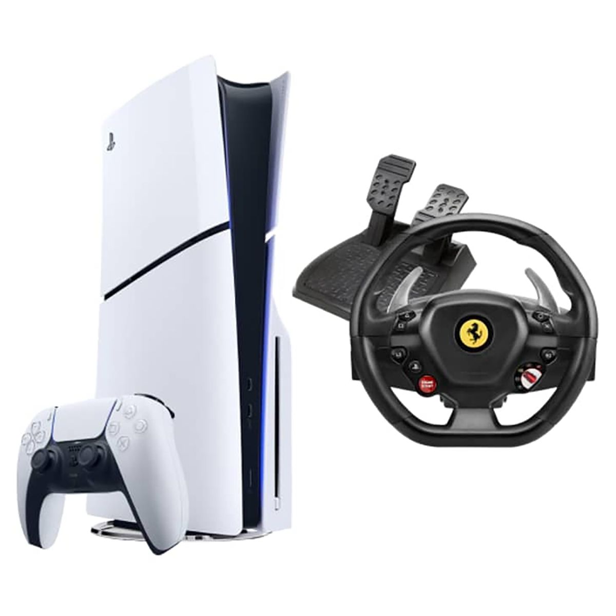 Sony Slim Blu-Ray Disc Gaming Console with Thrustmaster T80 Ferrari 488 Gtb Edition Racing Wheel White/Black for PS5