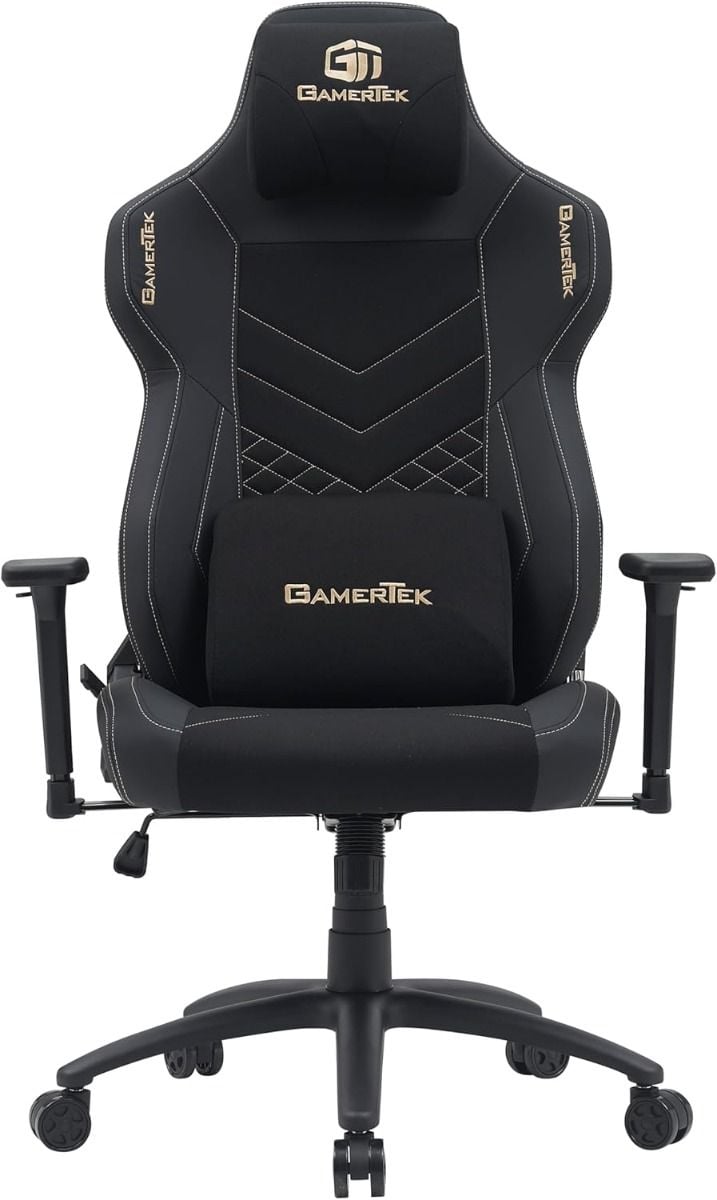 GamerTek Quest Conqueror Gaming Chair – Gold Edition, Premium PU & Fabric, Magnetic Headrest, 3D Adjustable Armrests, 150kg Capacity