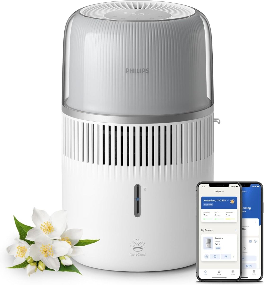 Philips Series 5000 Air Humidifier - Rooms up to 56 m², 400 ml/h humidification rate, 37h Continuous Humidification, Ambient lighting, White/Silver - HU5710/00