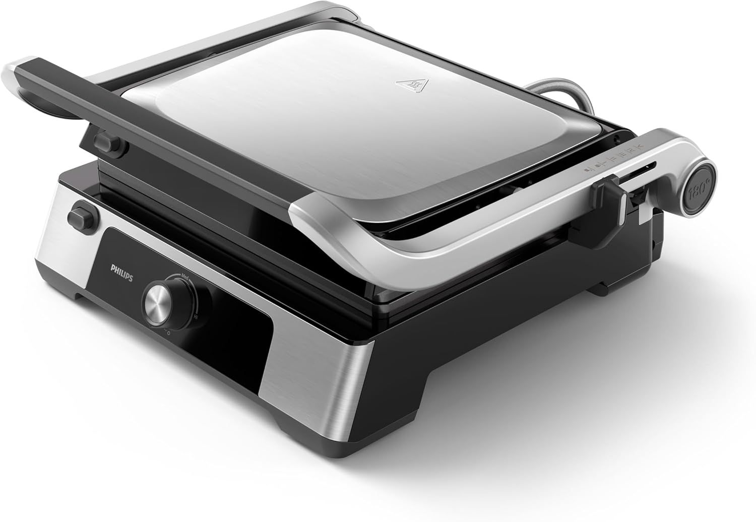 Philips Contact Grill 5000 Series - 2200W, Open 180° Flat Grilling, Adjustable Height, Removable Plates, High Power, Handle Lock, Silver/Black - HD6301/90