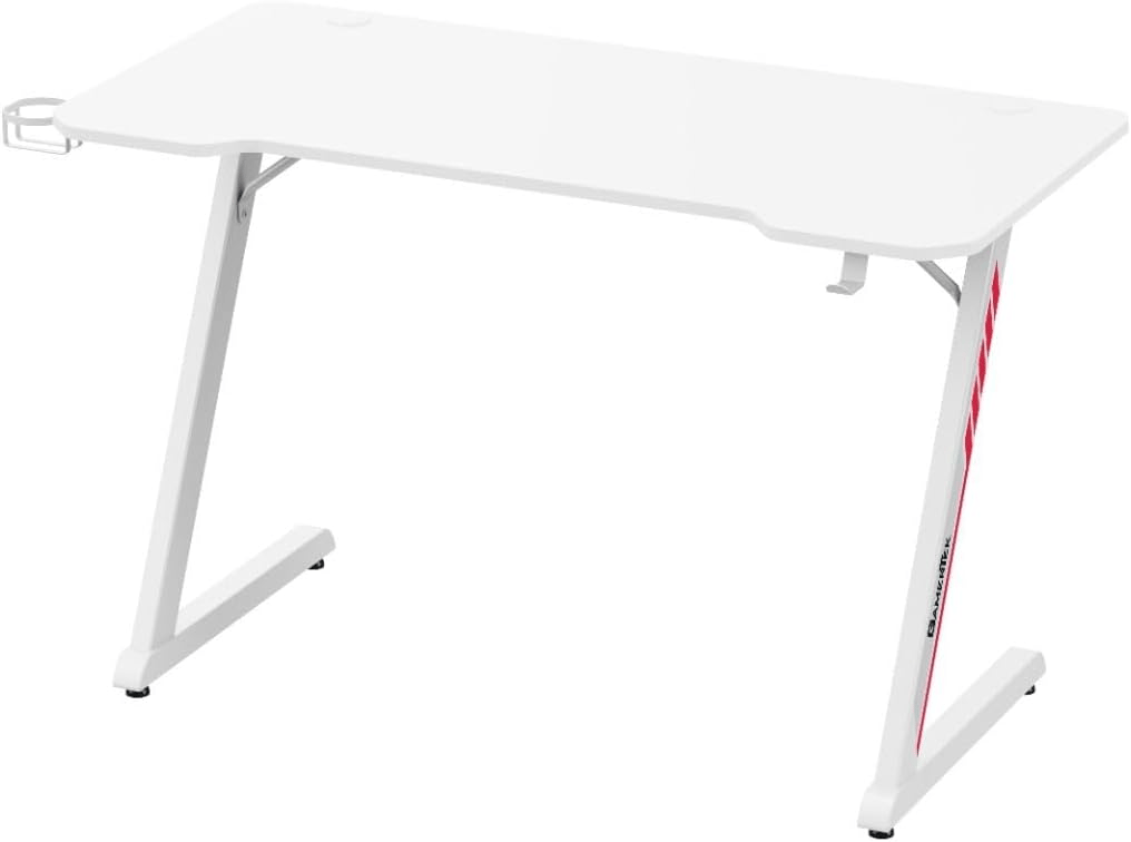 GamerTek Z Desk – 120x60cm Gaming Desk with Headset Hook, Cup Holder & Stabilizers – White