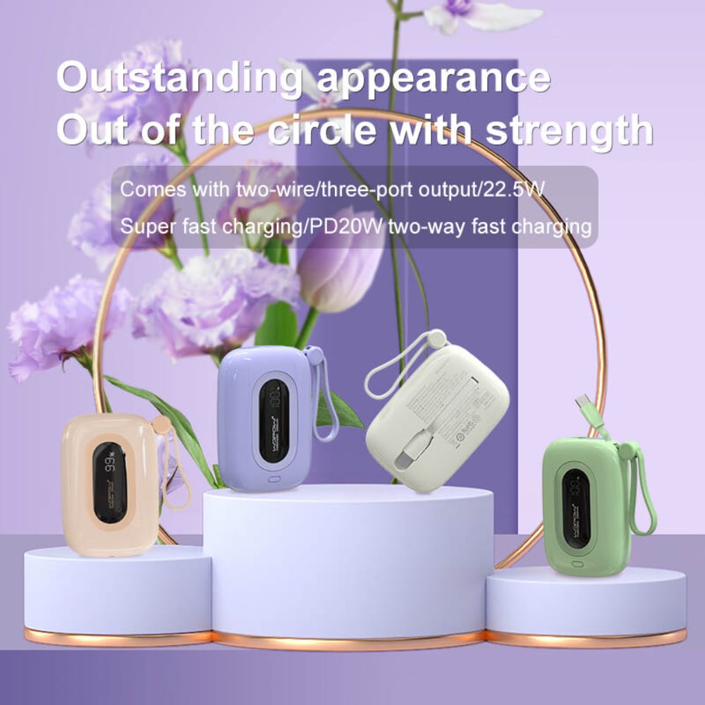 WOPOW 10000mAh Quick Charge PD Portable Power Bank with Digital Display & Built-In Cable | Purple | RS-6933185728978