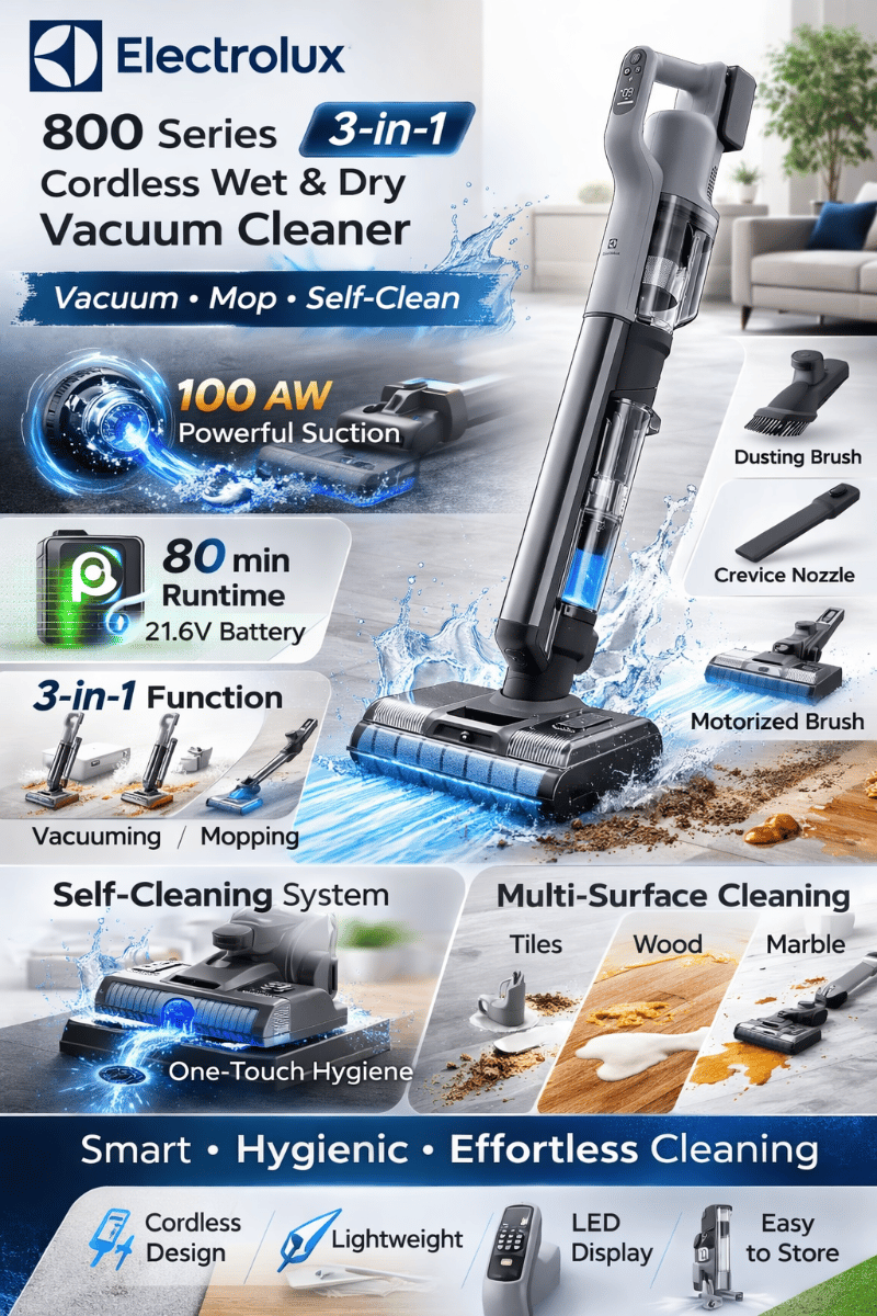 Electrolux 800 3-in-1 Cordless Wet & Dry Vacuum Cleaner, Vacuum & Mop Combo, 21.6V Battery, 80-Min Runtime, 100AW Suction, Self-Cleaning System – EFW81713