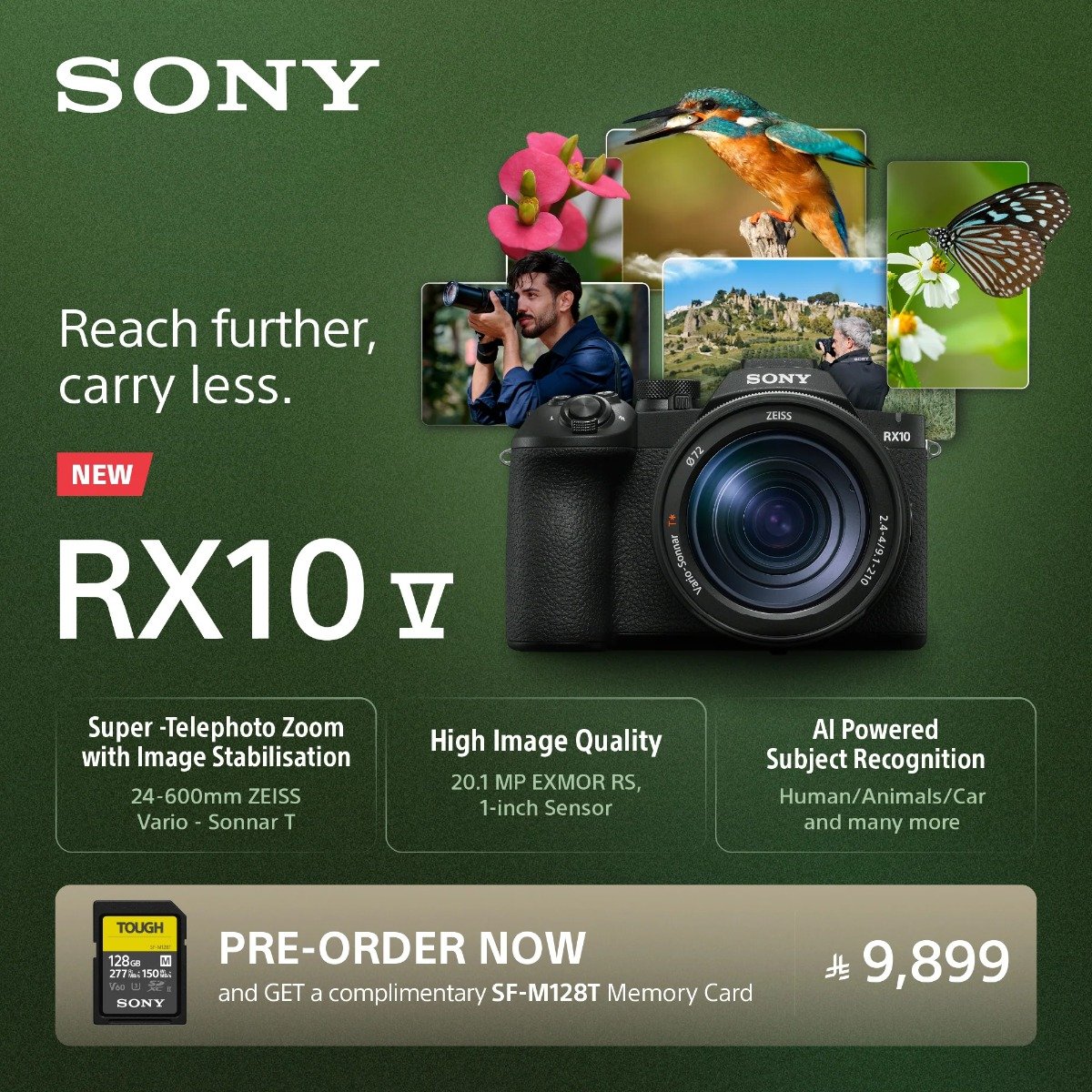 كاميرا سوني RX10 V | كاميرا بزووم قوي مقاس 24-600 مم، مع الضبط البؤري التلقائي للتعرّف في الوقت الحقيقي، وحساس بدقة 20,1 ميجا بكسل، مع إمكانية التصوير المتتابع بسرعة 30 إطارًا في الثانية الخالي من التعتيم | DSC-RX10M5