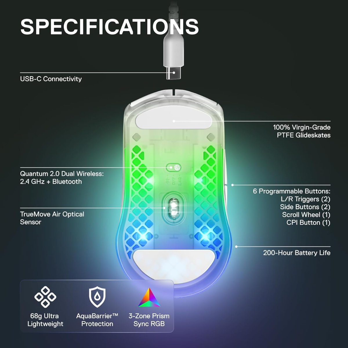 ماوس الألعاب اللاسلكي SteelSeries Aerox 3 – إصدار Ghost المحدود، خفيف الوزن للغاية، إضاءة RGB، مستشعر TrueMove Air بدقة 18,000 DPI، بلوتوث و2.4GHz