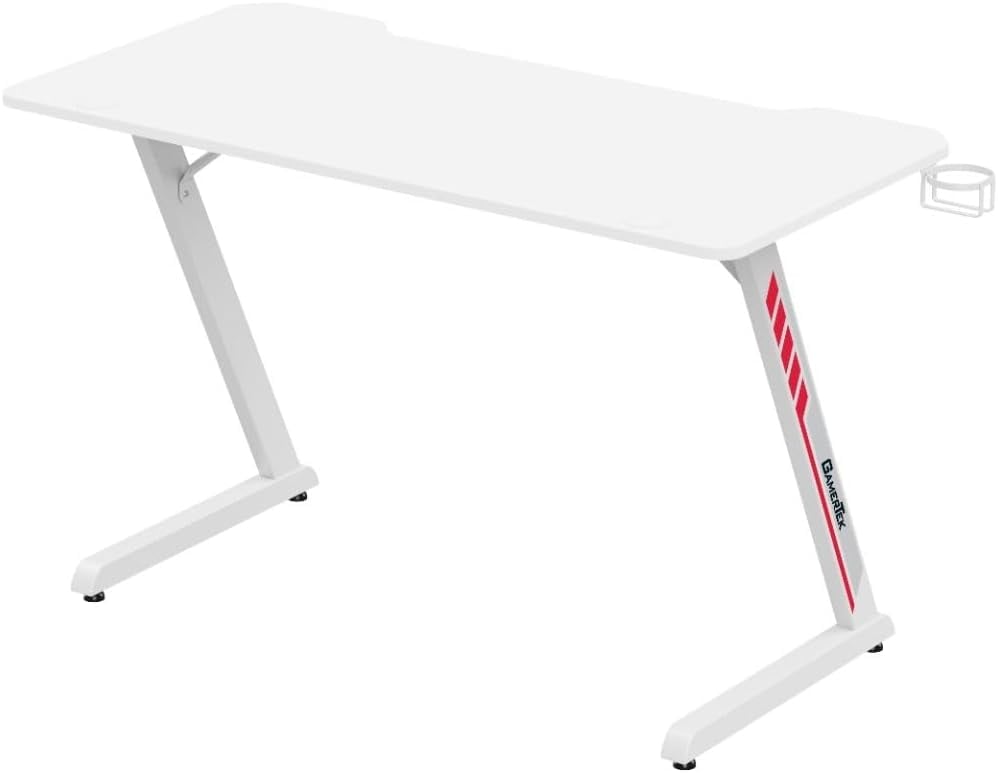 GamerTek Z Desk – 120x60cm Gaming Desk with Headset Hook, Cup Holder & Stabilizers – White