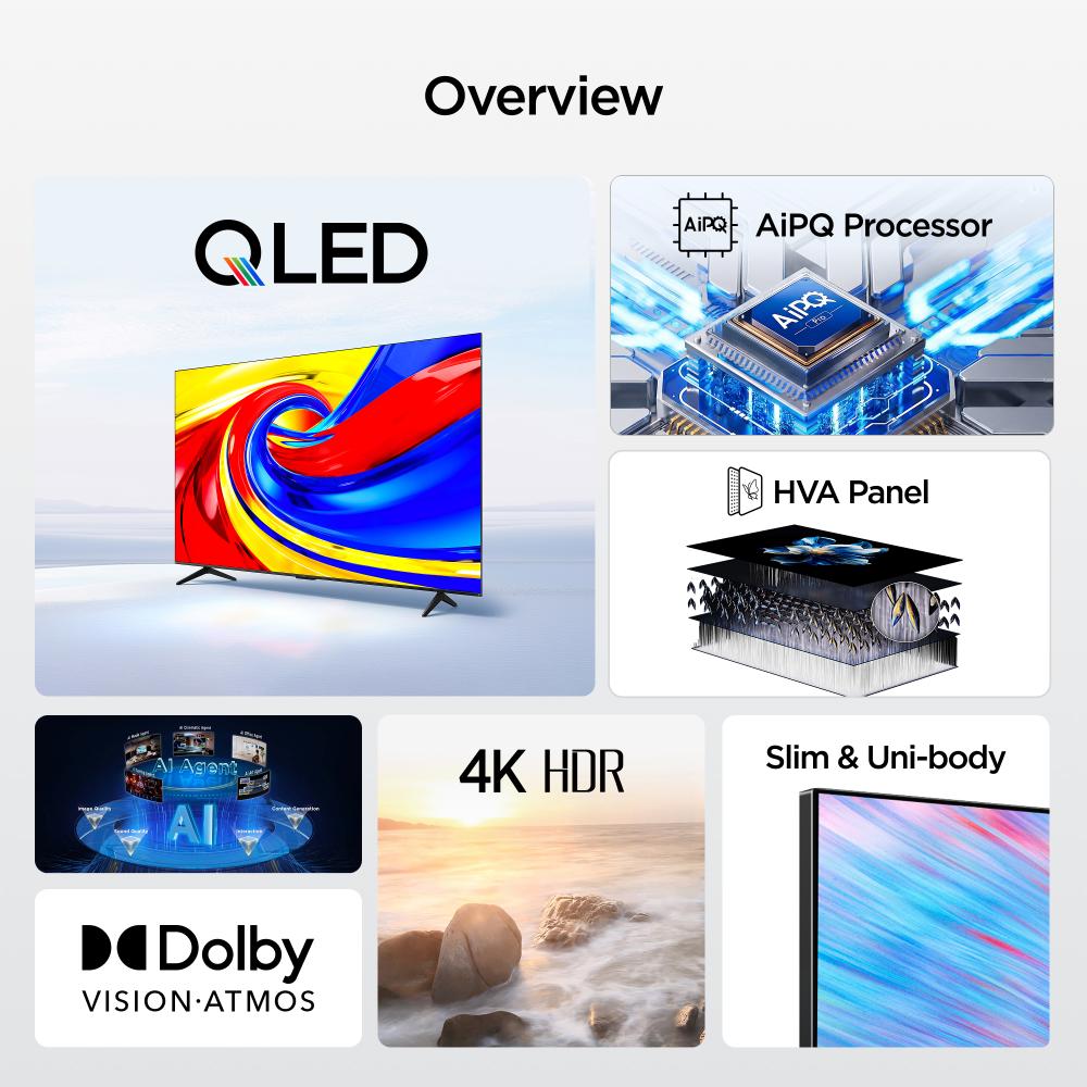 New TCL 75 Inch Premium QLED TV 2026 Model, 60Hz(VRR 120Hz/DLG 120Hz), ONKYO 2.0 Hi-Fi System,Slim & Uni-body, AiPQ Processor, HVA Panel, TCL AI, Dolby Vision ,Atmos