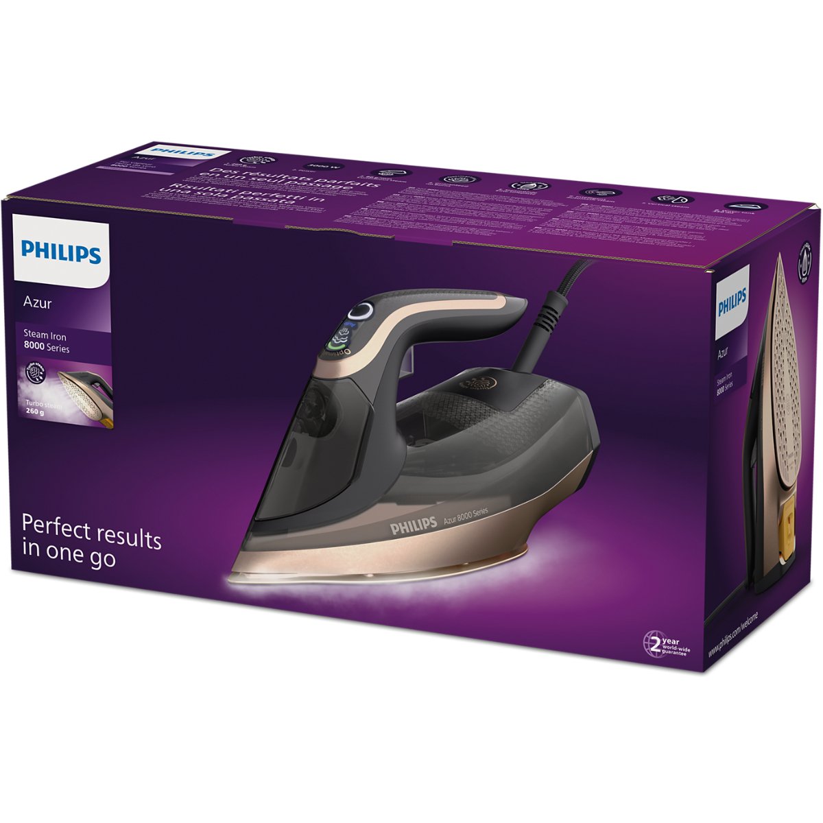 Philips 3000W Azur 8000 Series Auto Shut-Off Continuous Steam Steam Iron Black/Rose Gold
