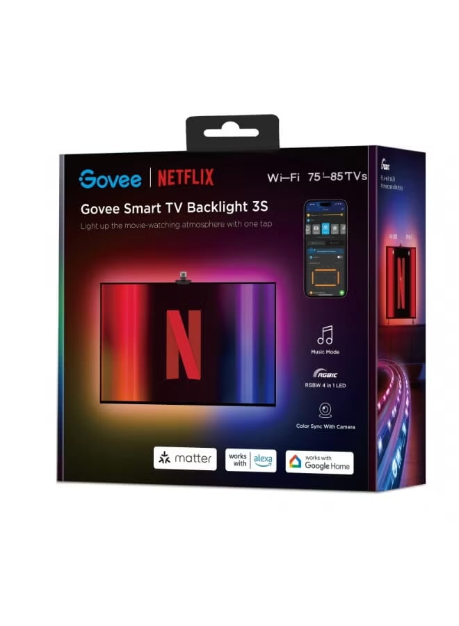Govee TV Backlight 3 Lite RGBICW with Camera & Fish-Eye Correction for 75–85 inch TVs, Wi-Fi App & Voice Control - Netflix edition - H6098