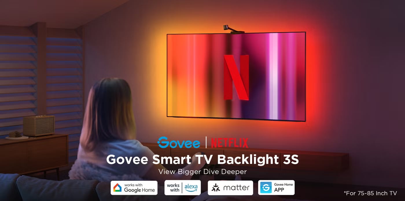 Govee TV Backlight 3 Lite RGBICW with Camera & Fish-Eye Correction for 75–85 inch TVs, Wi-Fi App & Voice Control - Netflix edition - H6098
