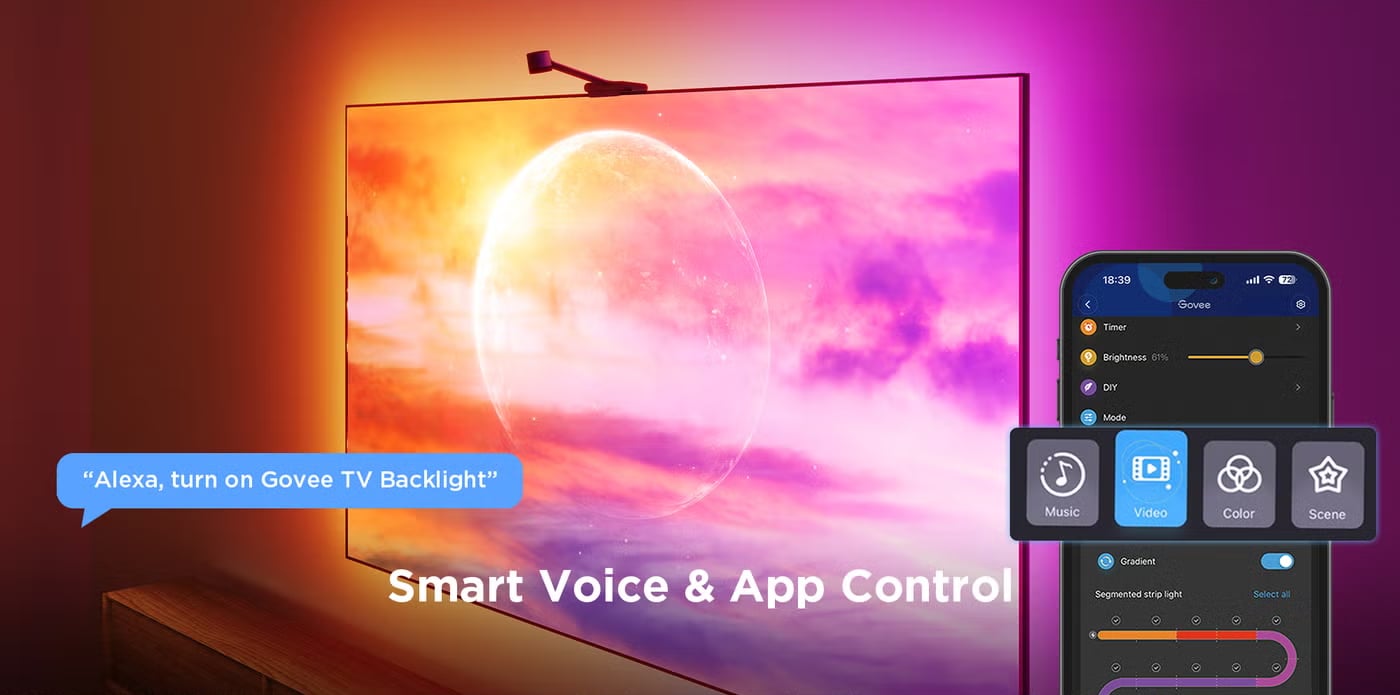 Govee TV Backlight 3 Lite RGBICW with Camera & Fish-Eye Correction for 75–85 inch TVs, Wi-Fi App & Voice Control - Netflix edition - H6098