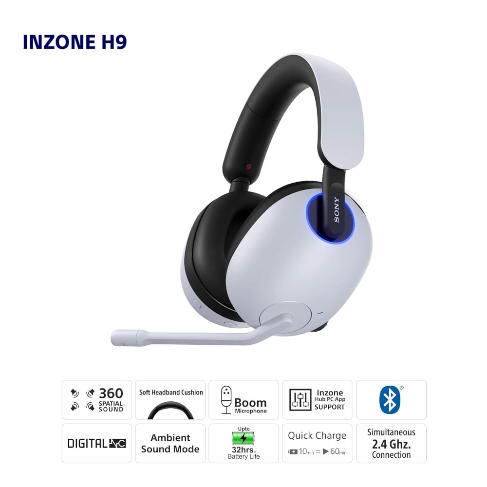 Sony INZONE H9 (WH-G900N) | Wireless Gaming Over-Ear Headset | ANC, Flip-to-Mute Mic | White