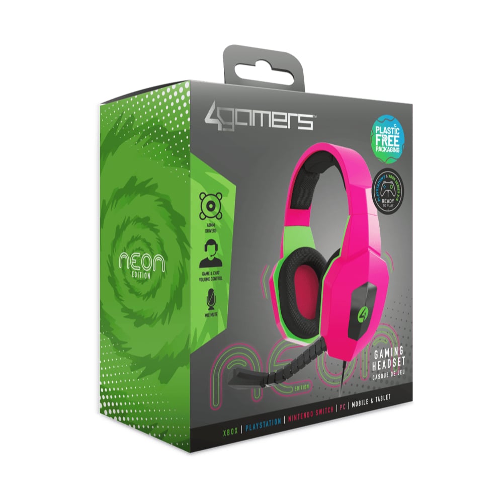 4Gamers Neon Edition | Wired Gaming Over-Ear Headset | Neon Design | Pink/Green